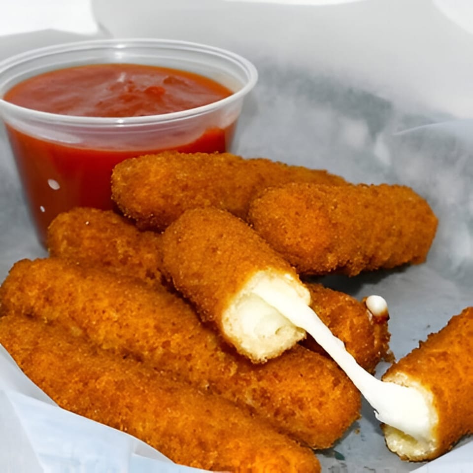 Golden-brown mozzarella sticks with a side of red dipping sauce, one stick stretching with melted cheese.