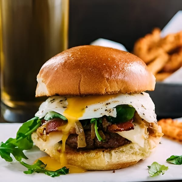 Sunday's Grill burger with a fried egg, bacon, cheese, and arugula, with fries and beer.