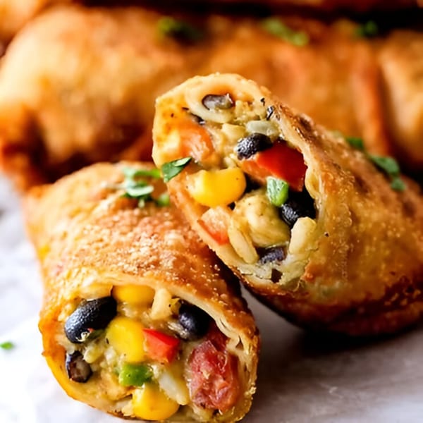 Crispy egg rolls filled with corn, black beans, red peppers, and chicken, garnished with parsley.