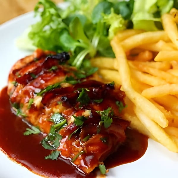 Grilled chicken with barbecue sauce, fresh parsley, a side of fries, and green salad.