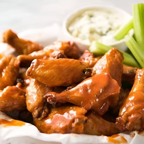 Sunday's Grill's buffalo chicken wings with blue cheese dip and celery sticks.