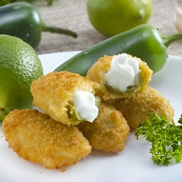 Golden-fried jalapeño poppers filled with cream cheese, garnished with parsley, limes, and peppers.